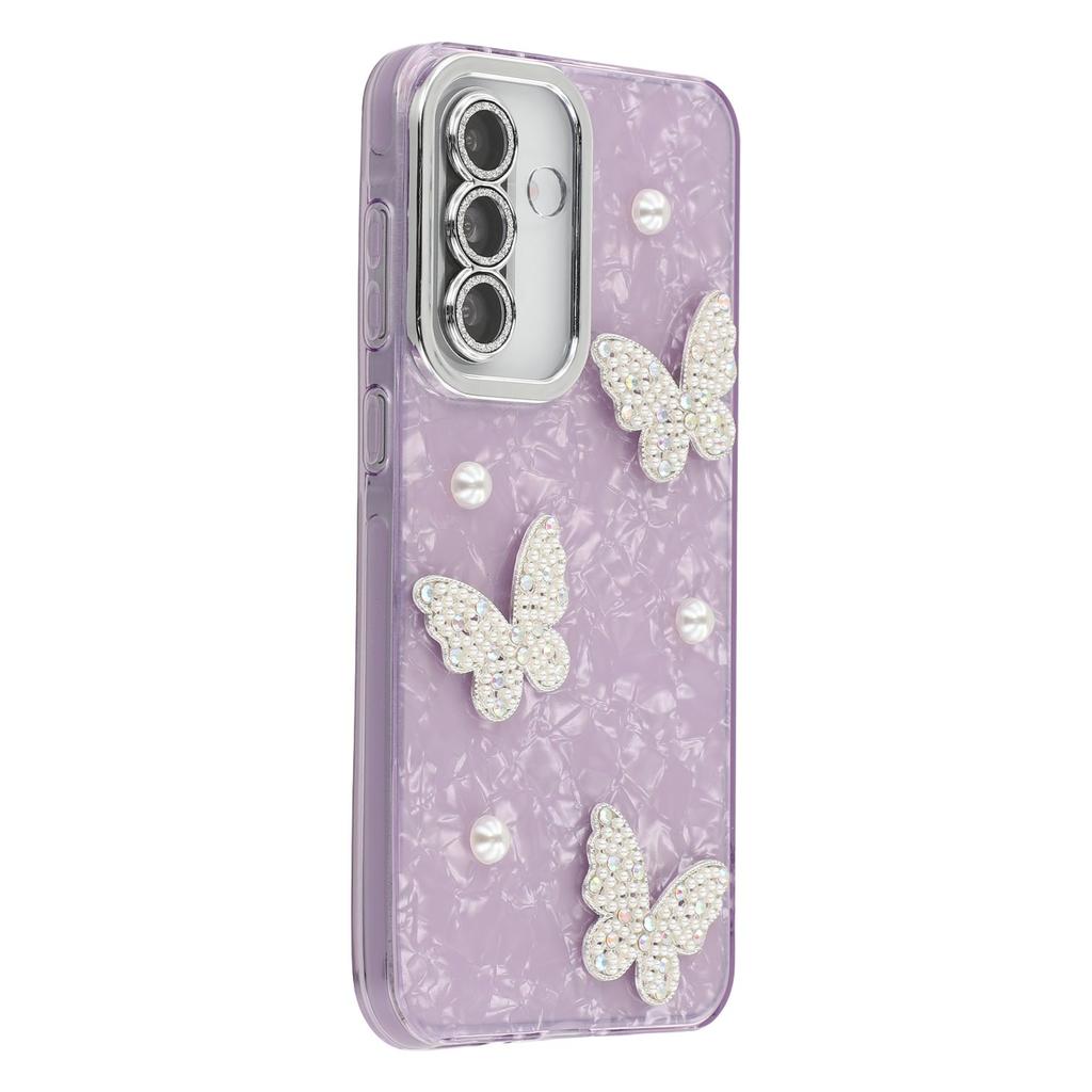 For Samsung Galaxy S25/S24 Case Butterfly Pearl Decor IMD PC+TPU Phone Cover with Glass Lens Film