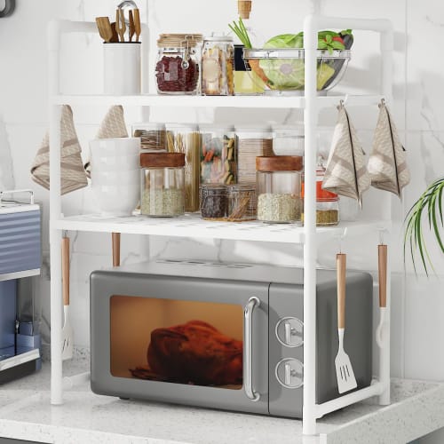 Microwave Rack, Adjustable Microwave Stand - Kitchen Countertop Utensil and Cutlery Organizer | Adjustable Countertop Utility Storage Rack with Hooks