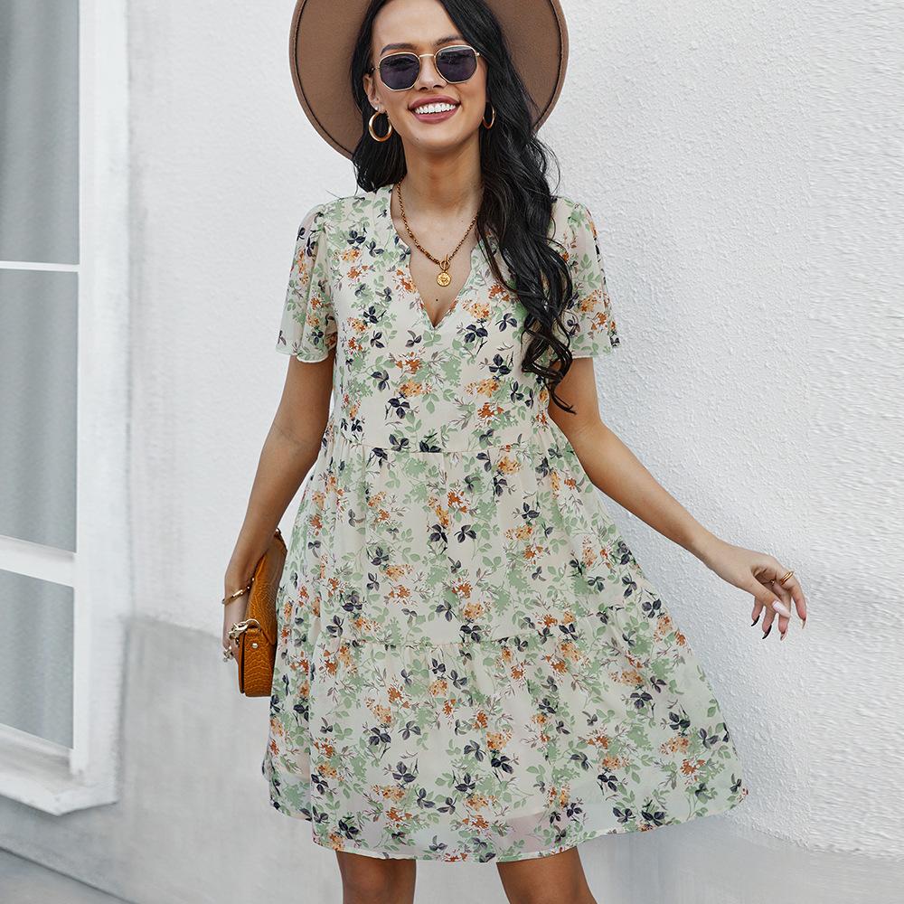 Spring Print Women Short Sleeve V Neck Floral Summer Chiffon Dress