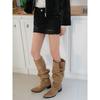 Cowhide Edition~ Retro Skinny Suede Pointed Tall Knight Boots Women's Thick Heel Boots Spice Girl Pleated Pile Boots