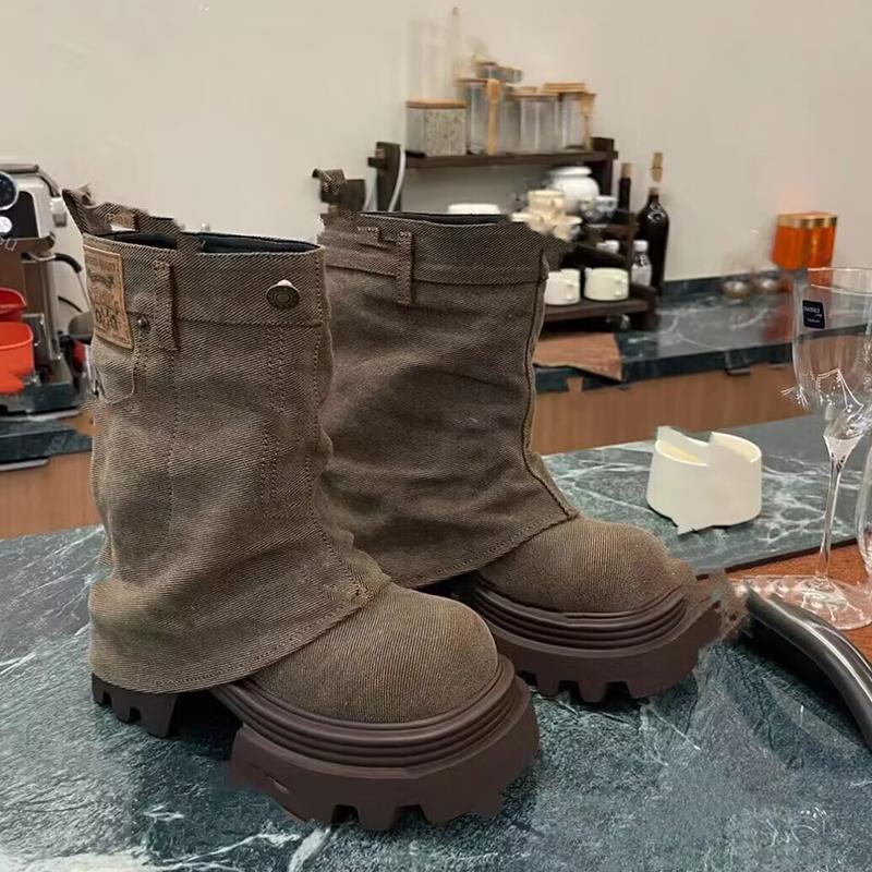 Women Platform Cowboy Mid-Calf Chelsea Boots Mid Heels Designer Shoes New 2024 Winter Fad Motorcycle Boots Goth Zapatos Femme