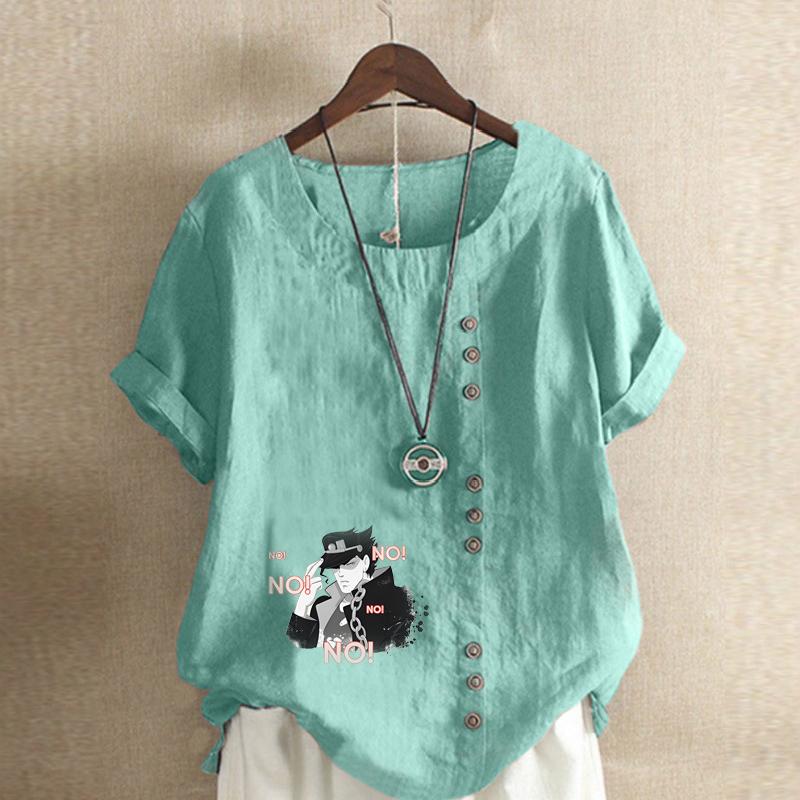 Женская модная футболка с круглым вырезом и коротким рукавом, повседневная хлопковая льняная рубашка с рисунком, свободная, крутая мужская летняя блузка с принтом, топы