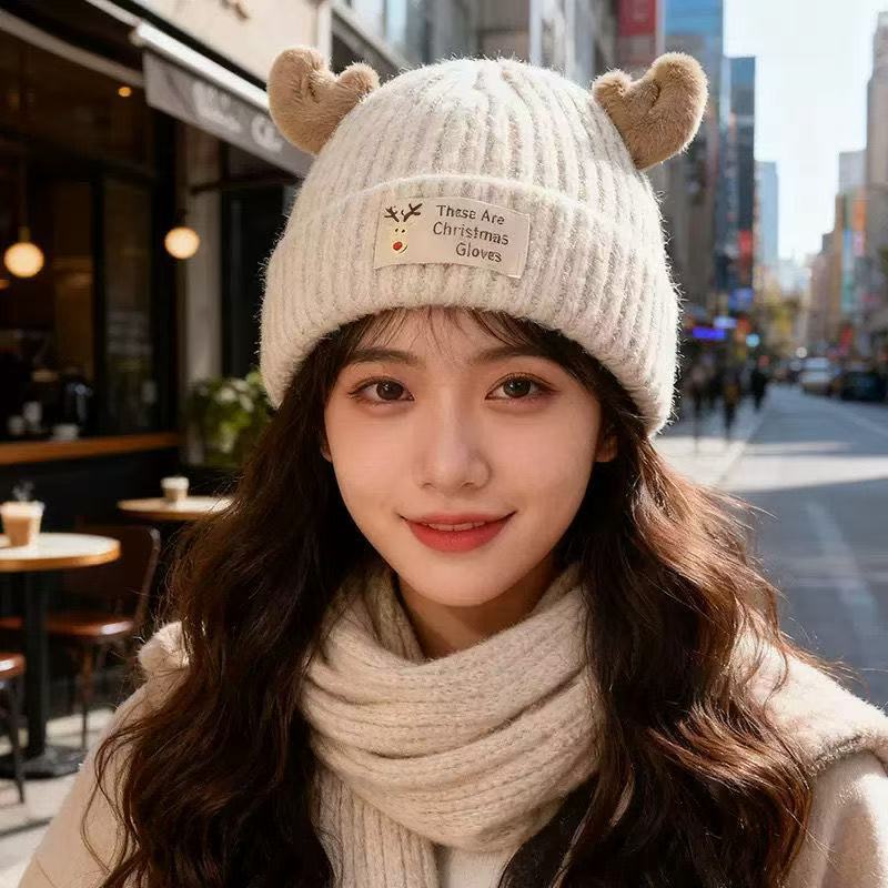 Cute Christmas Antlers Knitted Autumn Winter Warm Beanie Ear Protection Cold-proof Common Unisex Face-revealing Hat