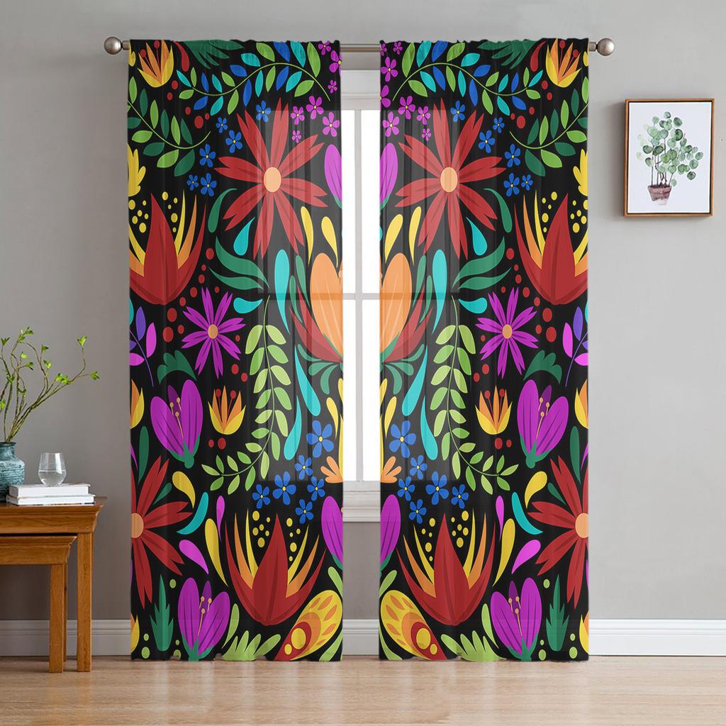 Colorful Mexico Abstract Flower Sheer Curtains for Living Room Decoration Window Curtains Kitchen Tulle Voile Organza Curtains