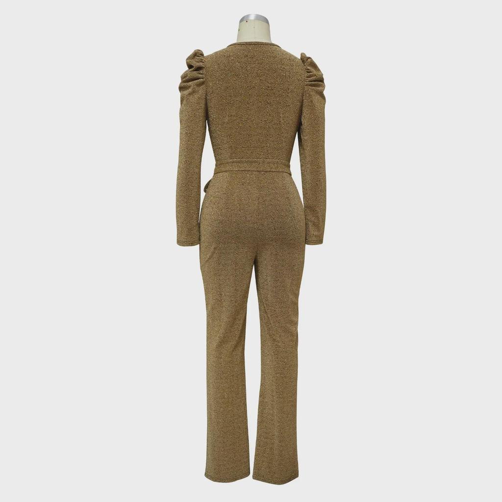 European & American Women's Sexy V-Neck Puff Sleeve Shiny Knit Jumpsuit