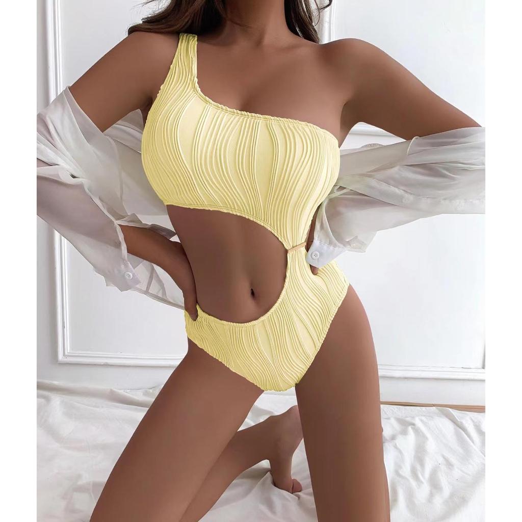 Женский цельный купальник, сексуальный сплошной цвет, текстурированная ткань, сексуальный купальник на одно плечо