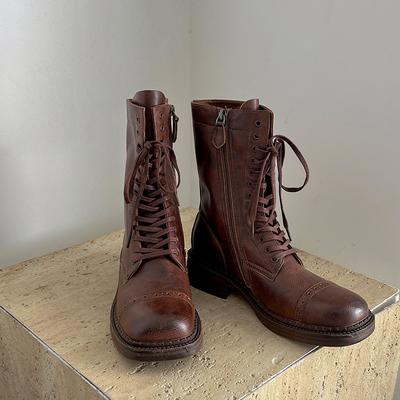 Женские ботинки 2024 года, модные коричневые рабочие ботинки в ретро-стиле в британском стиле на толстой подошве, с низким каблуком, квадратным носком, со шнуровкой, удобные рыцарские ботинки