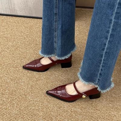 Туфли Мэри Джейн на высоком каблуке с острым носком, женские, на низком каблуке, модные, для вечеринок и свадеб, кожаные туфли, дышащие, современные туфли с мелкой подошвой 2024