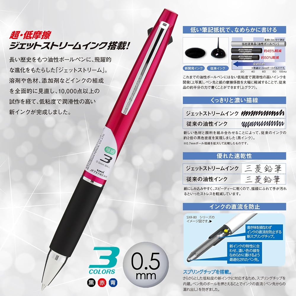 Mitsubishi pencil, 3-цветная шариковая ручка, Jetstream 0.5, розовый, легко пишет, SXE380005.13
