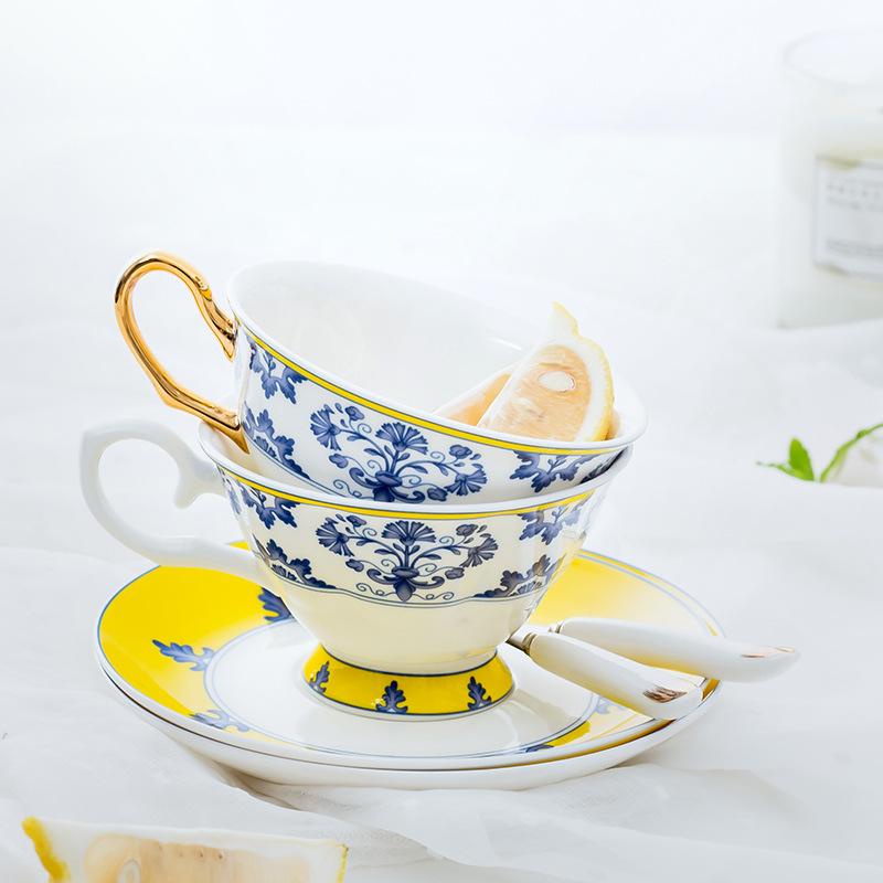 Высококачественный фарфор, сине-белый фарфор, керамические кофейные чашки и тарелки, чашки для послеобеденного чая с ложками