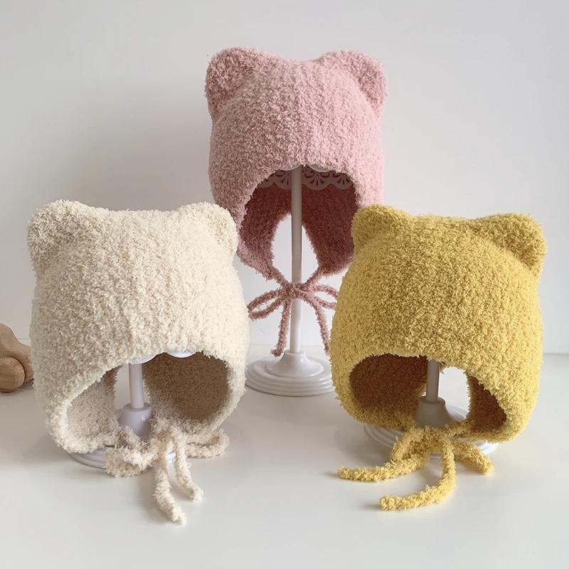 Зимняя детская шапка-бини с рисунком из мультфильма, мягкая теплая вязаная шапка для мальчиков и девочек, милые вязаные шапки с изображением кота