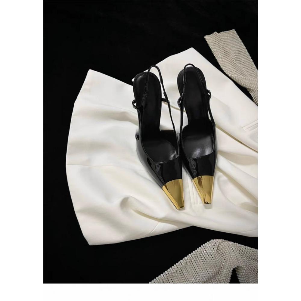 Дизайнерские Женские Сандалии на Высоком Каблуке Летние Новые Металлический Квадратный Носок Лакированная Кожа Черные Туфли-лодочки на Шпильке Сексуальные Вечерние Туфли с Ремешком на Пятке