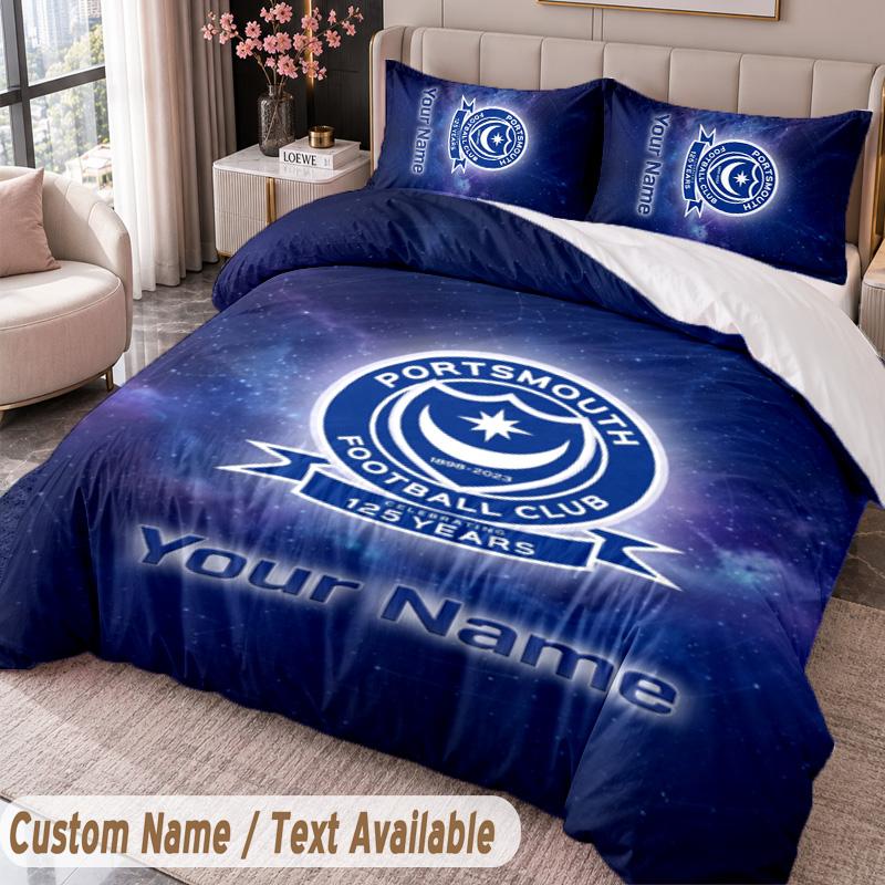 Portsmouth FC Printed Bedding Set Custom Name Text 1 Duvet Cover 2 Pillowcases For Bedroom
