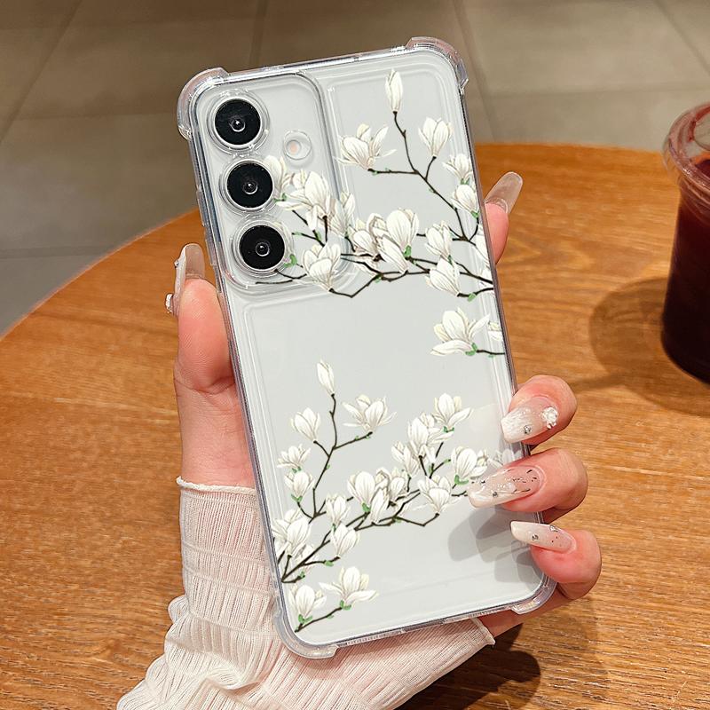 Чехол для телефона с цветочным узором и листьями для Samsung Galaxy S26 S25 S24 S23 Ultra S22 S26 Plus S21 S24 S25 FE, прозрачный, противоударный, мягкий чехол