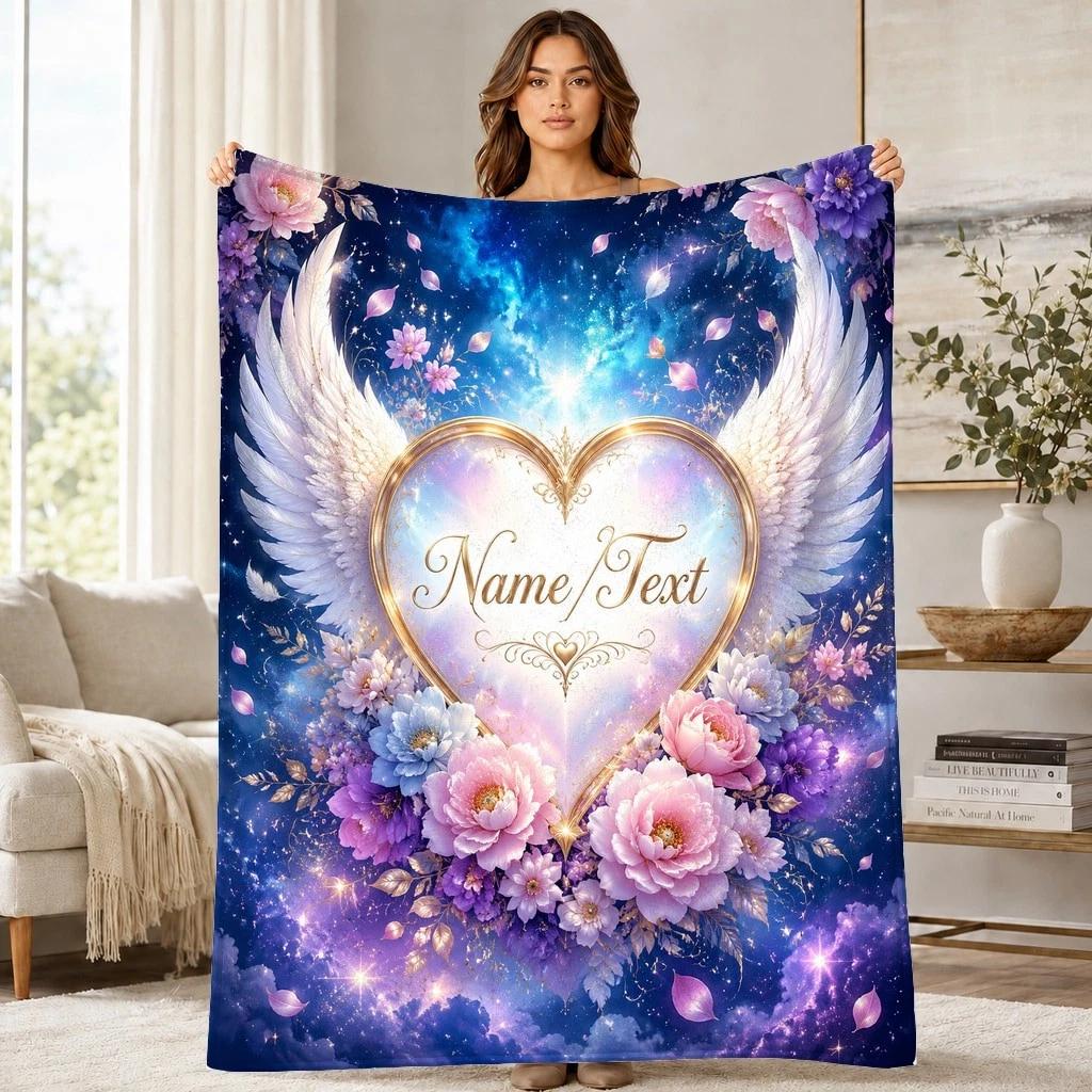 Winged Heart Name Text Coral Fleece Blanket Romantic Decor