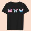 Женская одежда Черная футболка Повседневные топы Мультяшный цветной принт бабочки Серия с круглым вырезом Женский тонкий пригородный топ с короткими рукавами