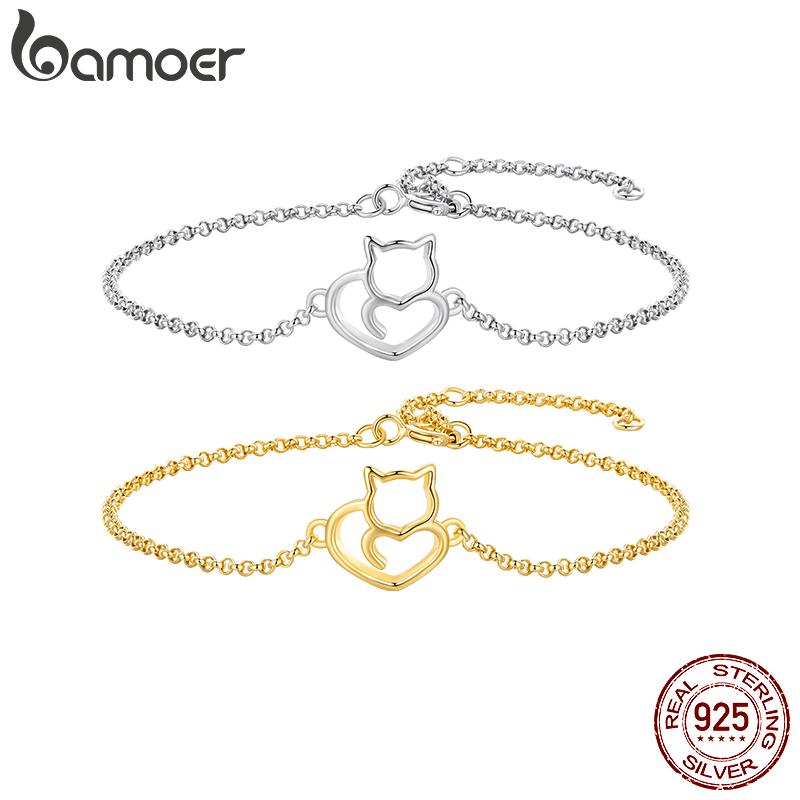 BAMOER 100% 925 Sterling Silver Cat And Heart Link Chain Bracelets Bangles for Women Authentic Silver Jewelry Gift 3 Colors