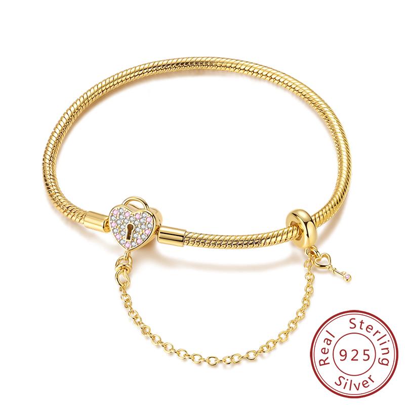 Original Bracelet 925 Sterling Silver Charm Bracelet 17-20CM Golden Heart Love Key Snowflake Bracelet Bangle Women Jewelry Gift