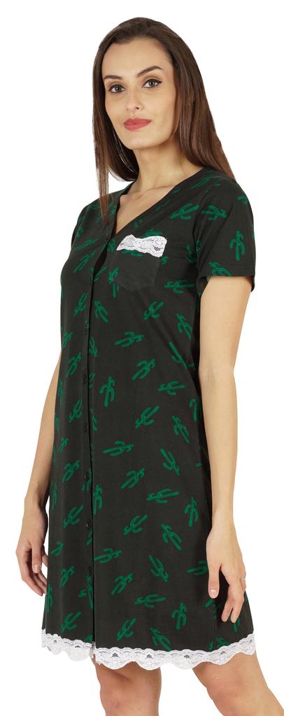 Inkmeso Printed V-Neck Nightgown Sleepwear For Womens Nightshirt Soft Button