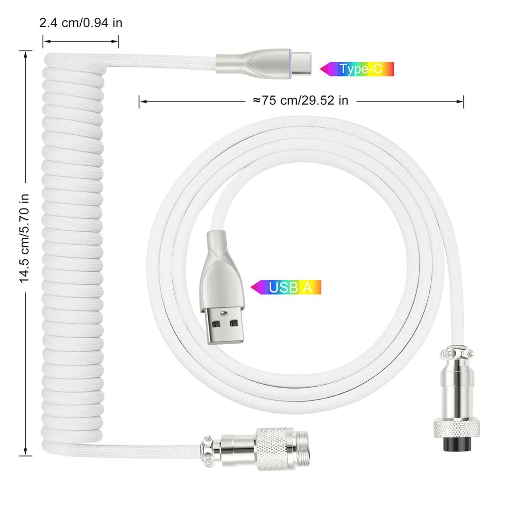 WLGQ USB C Keyboard USB C To USB A Coiled Gaming Keyboard Cable with Braided Detachable Metal Aviator Connector Double Sleeve 6 Feet Cable, Cable,