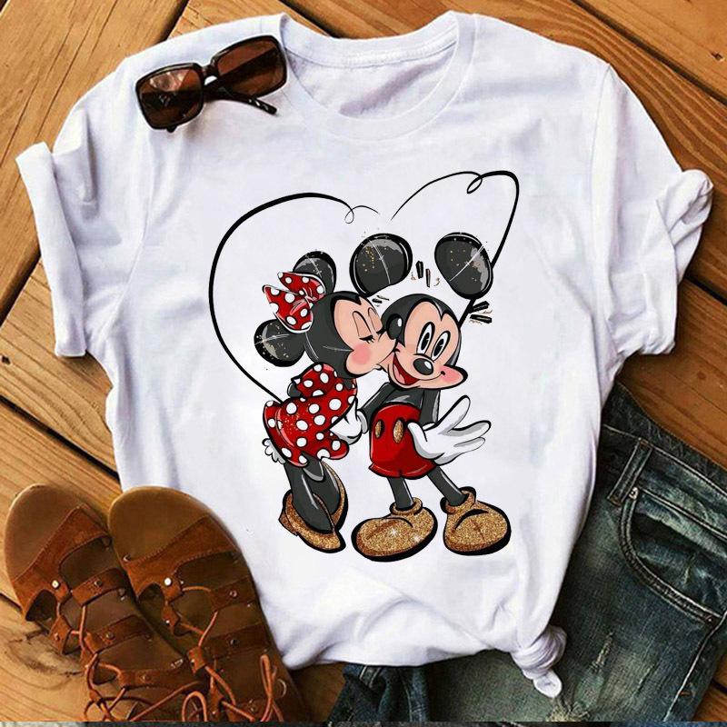 Unisex Mickey and Minnie Print T-shirt Casual Round Neck Short Sleeves T Shirt Summer Casual Clothing Top Black Tee