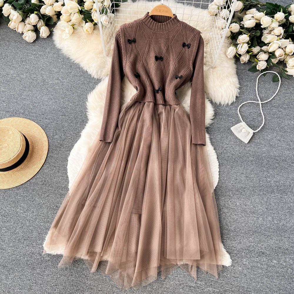 Женское трикотажное платье с нерегулярной сетчатой ​​строчкой, короткий свитер с небольшим благовонием, жилет, осенне-зимний костюм из двух предметов