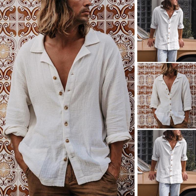Двухслойная мятая мужская свободная повседневная рубашка с кубинским воротником и лацканами, однотонная удобная рубашка для мужчин