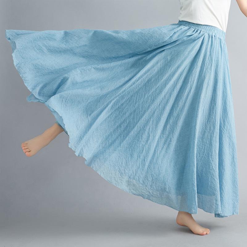 Mori Girl Plus Size Cotton Linen Midi Skirt - Elastic Waist, A-line, Solid Color, Ethnic Style, Long Length