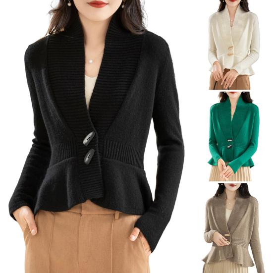 Women Sweater Coat V-Neck Long Sleeve Ruffle Hem Knitting Sweater Solid Color Slim Fit Waist Tight