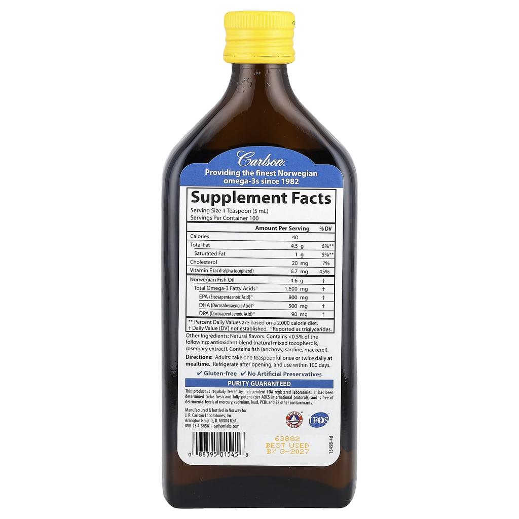 Carlson, Norwegian, premium fish oil, natural lemon flavor, 500 ml (1,600 mg)