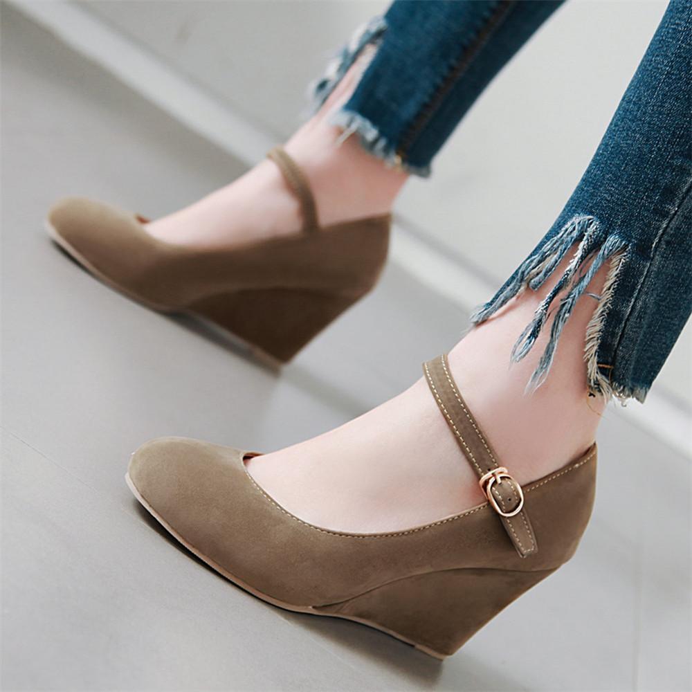 Fashion Classic High Heels Pumps Female Spring Casual Ankle Straps Flock Black Rose Red Wedge Wedding Office Shoes Woman Large Size34-43