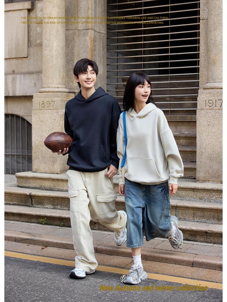 400g Heavyweight Five-Thread Liquid Cotton Solid Color Pullover Hoodie with Loose Drop Shoulders