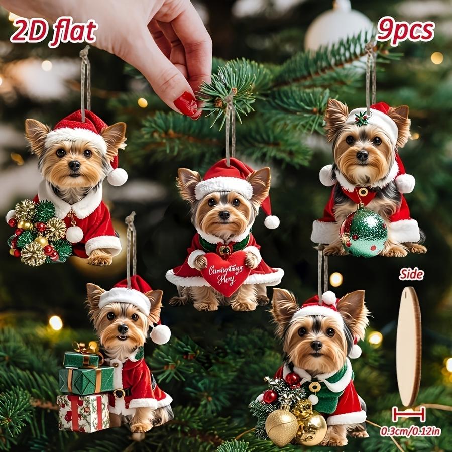 1/5/10/20/50/100pcs [2D Flat] 9-piece set of cute wooden Yorkshire Terrier Christmas ornaments, Christmas decoration set for han