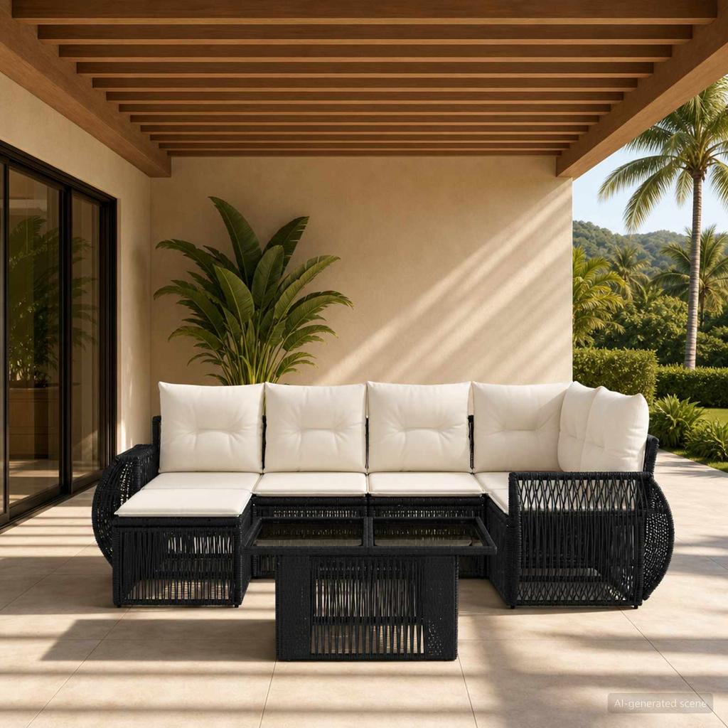 Garden Sofa Set 7 pcs. Black and Cream White Poly Rattan
