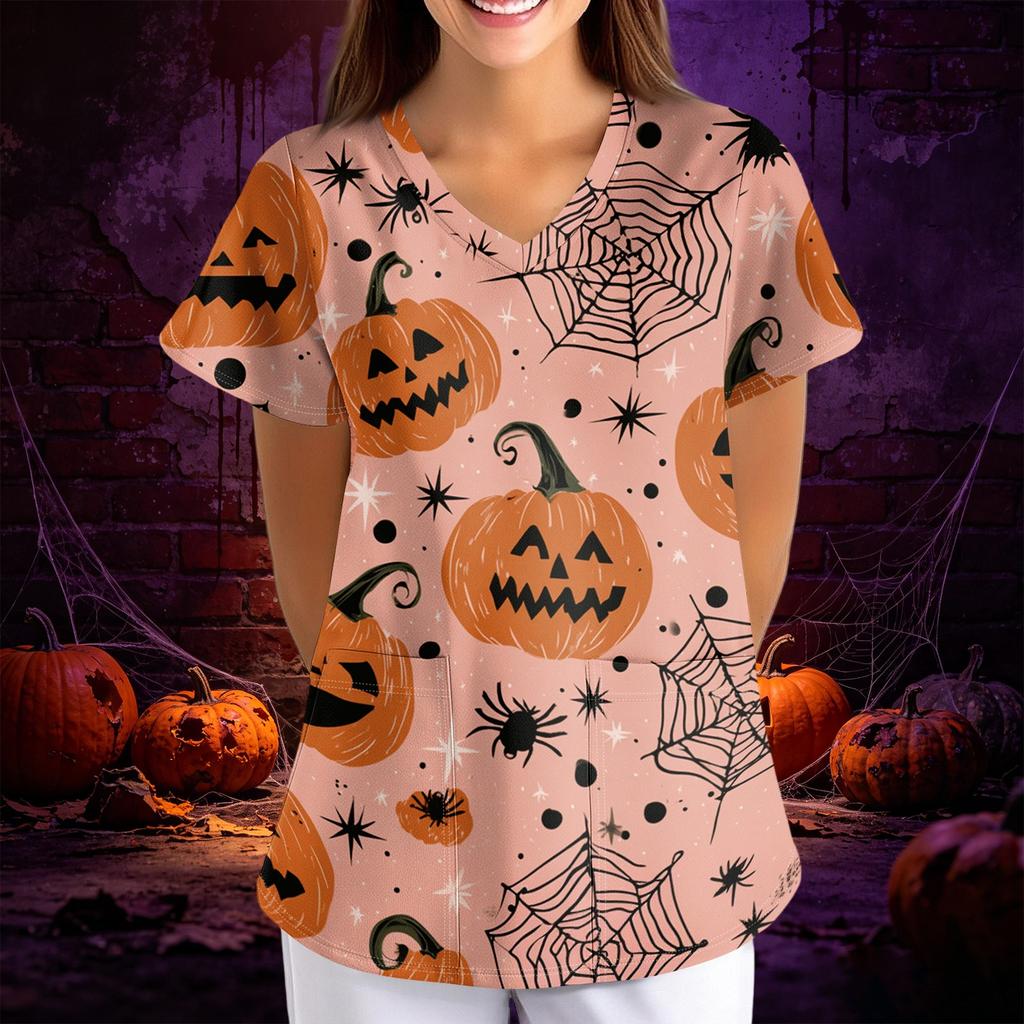Женский медицинский топ с принтом на Хэллоуин, V-образным вырезом, коротким рукавом и карманами, свободного кроя
