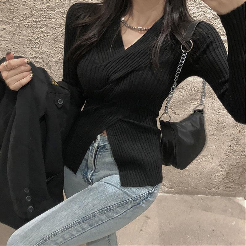 Женский вязаный нижний свитер Весна Осень V-образным вырезом сплошной цвет с длинным рукавом Дизайн Крест