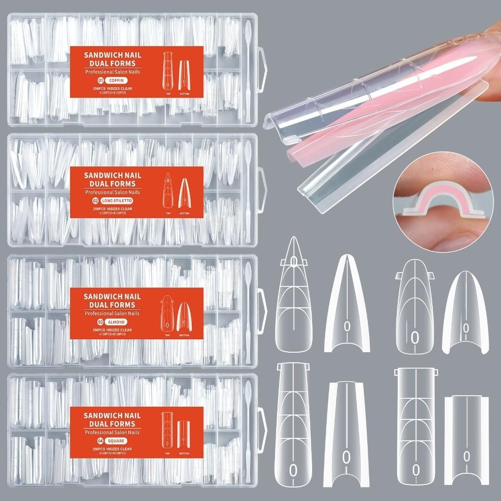 256Pcs/Box Transparent Nail Sandwich Dual Form DIY Tips Nail Extension Form New Nail Tips