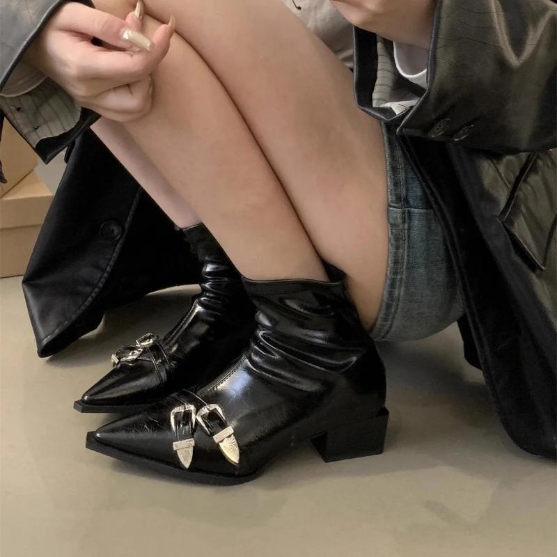 Zipper Women's Boots Autumn Shoes Boots-Women Black Rubber Pointy Med Ladies Rock Ankle PU Hoof Heels Rome Pointed Toe Micr