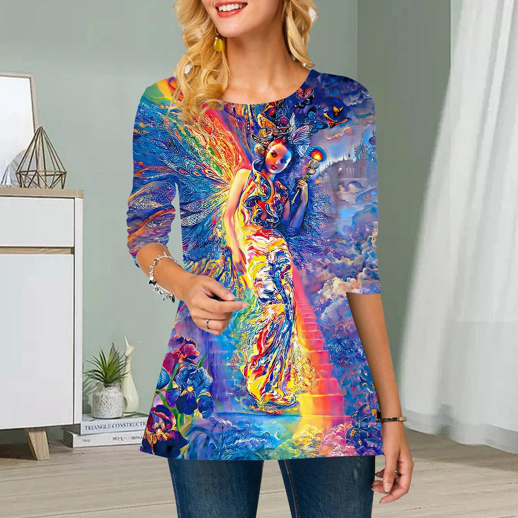 Plus Size Women Flower The Statue Print Round Neck Casual Loose Long Sleeve Top