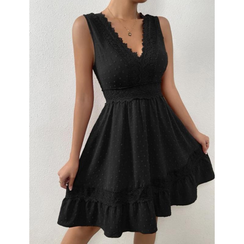 Fashion V-Neck Women Lace Splicing Summer Dress Sexy Backless Casual Elegant A-line Party Short Dresses Female Loose Simple Women's Clothing