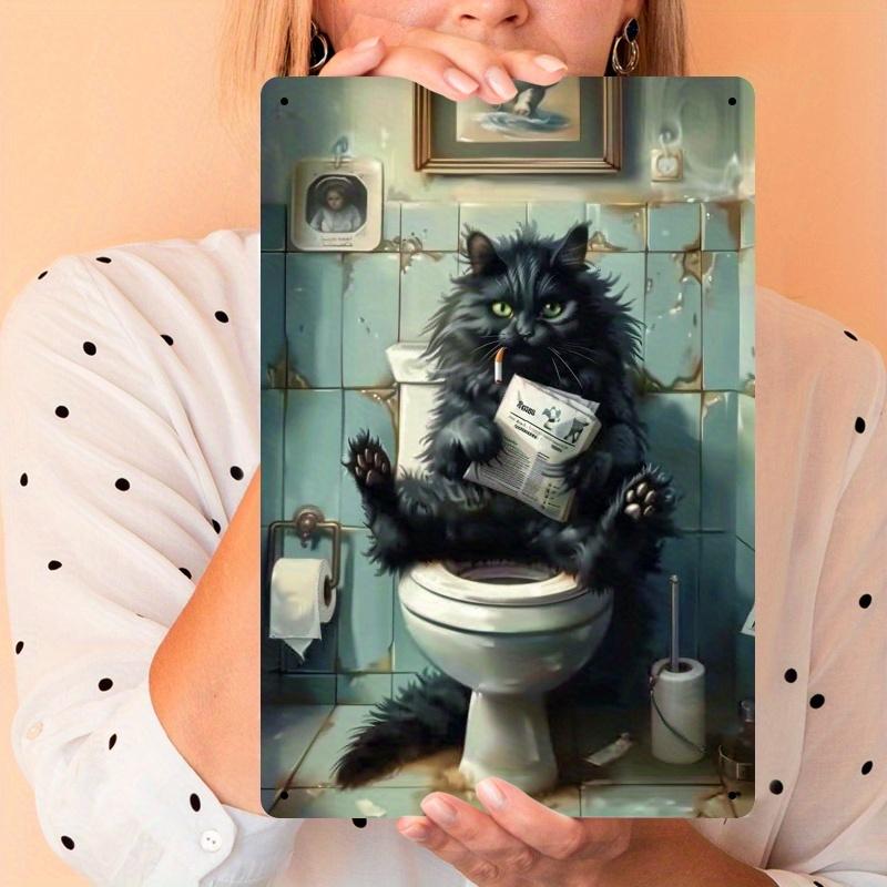 Декор комнаты 1 шт. Черный кот читает газету на унитазе Жестяная табличка - Юмористический декор стены ванной комнаты, Винтажная жестяная табличка, Уникальный подарок для любителя кошек