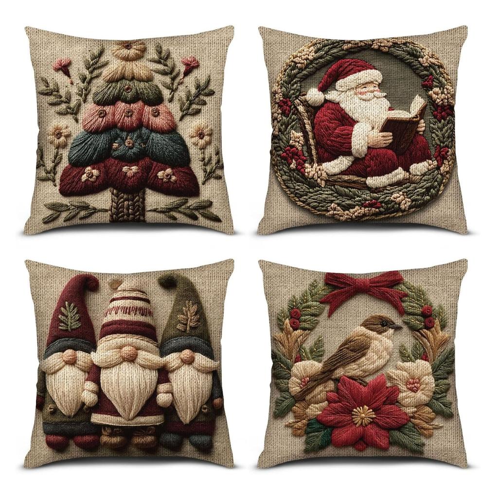 Рождественская наволочка, Милая мультяшная имитация вышивки, Льняная наволочка с принтом для диванной подушки, Праздничное украшение, Праздничный подарок (Вставка для подушки не входит в комплект)
