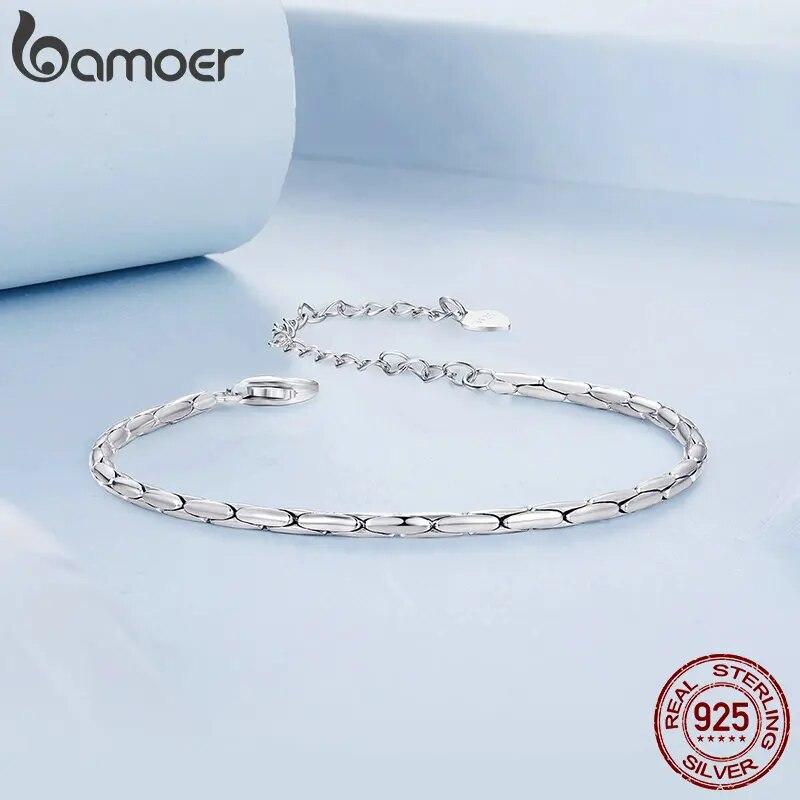 BAMOER White Gold Plated Bracelet for Women, 925 Sterling Silver Snake Chain Bracelet Dainty Fashion Basic Bracelet