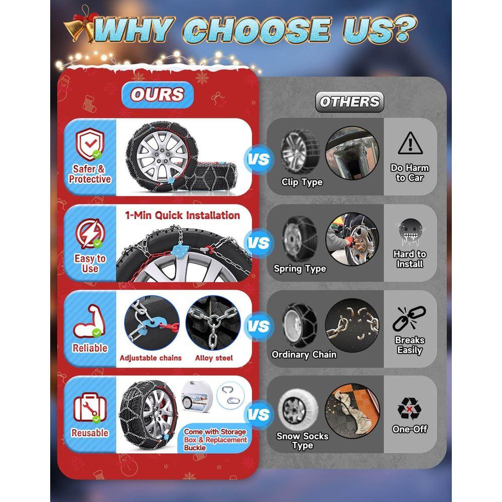 Snow-Chains Auto Fixing 1 Min Quick Fit Easy Installation Tire-Chains, Christmas Gifts for Safety, Universal Emergency Tire Trac