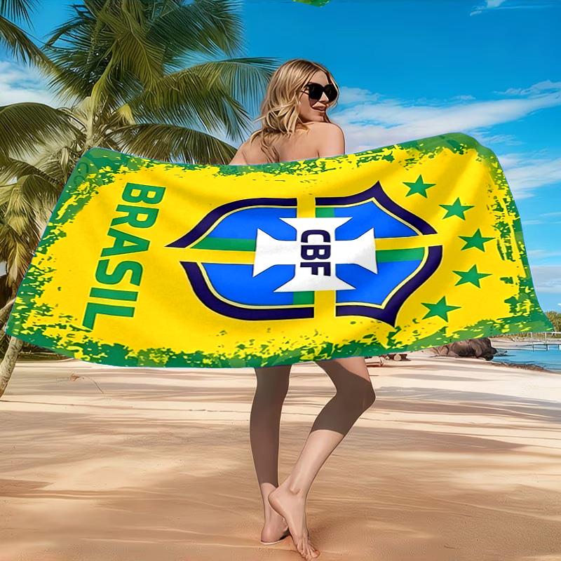 Brazilian Football Emblem Printed Microfiber Beach Towel, Soft And Absorbent, Quick-Dry, Ideal for Summer Travel, Beach Essential, Swimming Pool