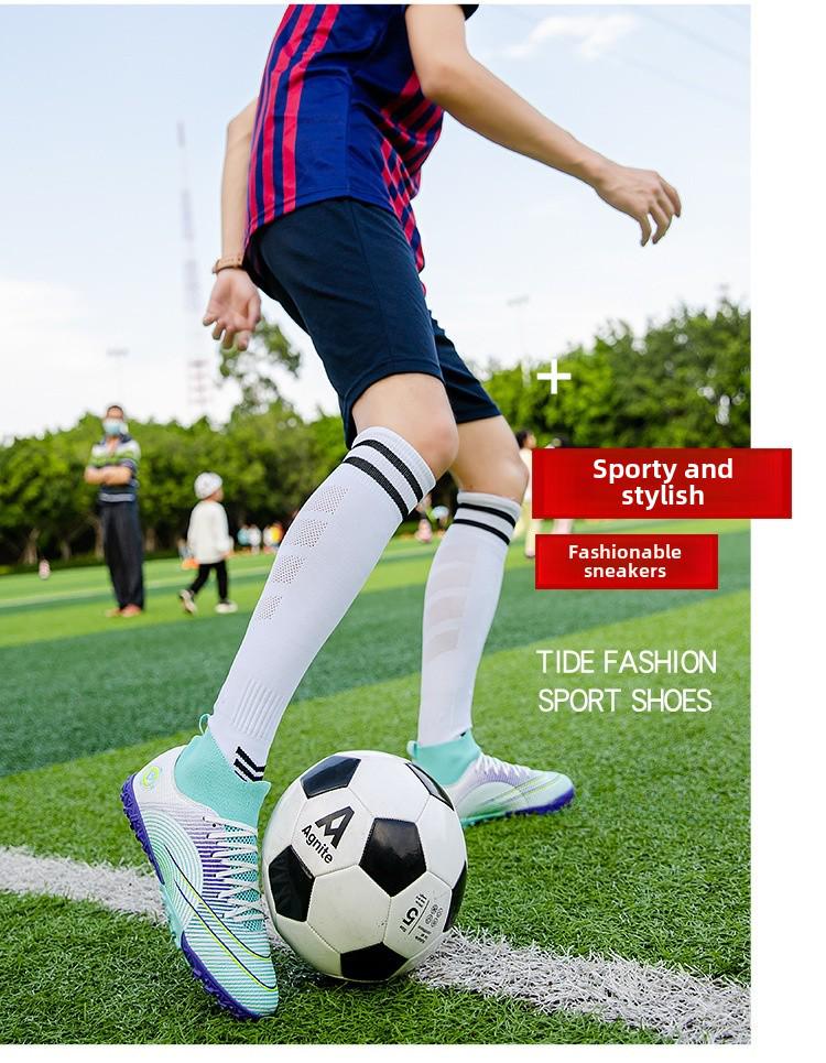 Детские и подростковые футбольные бутсы из кожи с высоким верхом, длинными и короткими шипами, с летающим носком, в наличии большие размеры