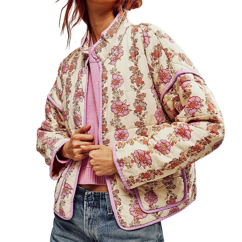 Женская стеганая куртка с цветочным принтом, куртка на пуговицах с длинными рукавами, легкая винтажная куртка с вышивкой, верхняя одежда