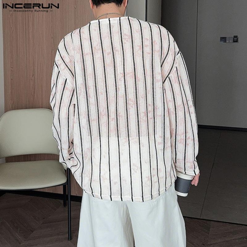 INCERUN Мужские топы и футболки с длинным рукавом, в полоску, крючком, с ажурной полупрозрачной текстурой