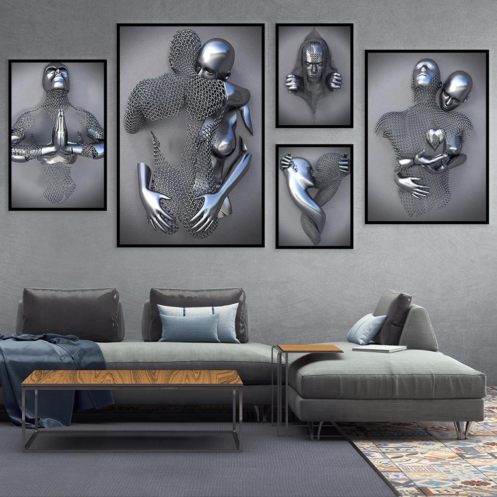 Metal Robot Abstract Art Sculpture Oil Painting Poster Exquisite Light Luxury Erotic Wall Decoration Painting Version