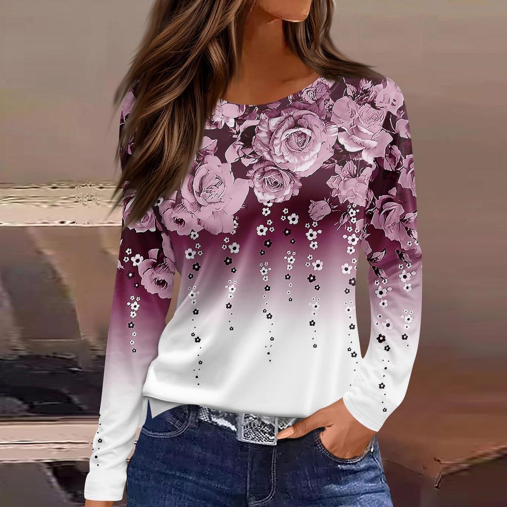 Women's Fashion Casual Slit Hem Round Neck Long Sleeve Loose  Printed T-Shirt Ladies Top